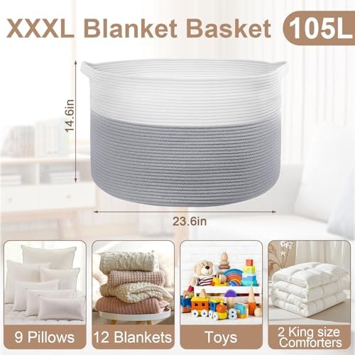 105L Large Blanket Basket Storage with Handles - White & Gray