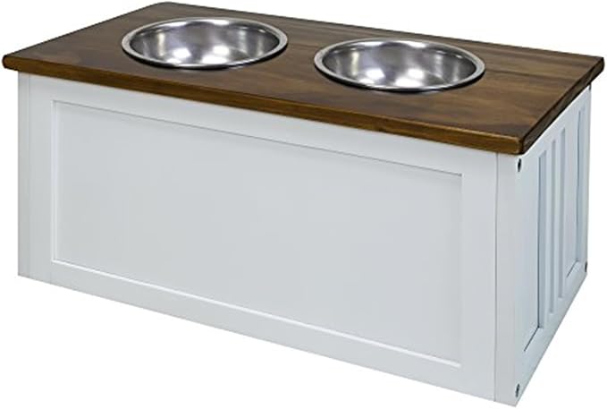 HomeStock Old World Opulence Pet Feeder Storage Stand, Warm Brown Top, Solid Wood Build, Flip-Up Lid with Hidden Storage, 11" Height, Includes 2 Removable Aluminum Bowls for Food and Water