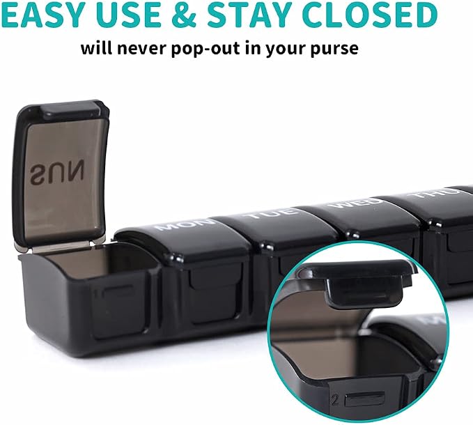 2 PCS Travel Pill Organizer, Small & Lightweight(Black) | Weekly 7 Day Pill Organizer, Pill Organizer with Labels, Cute Medicine Organizer for Purse, Daily Pill Container