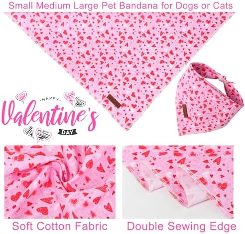 Valentine Dog Bandana - Pink Heart Triangle Bib Scarf for Small Medium Pets, Cotton Kerchief for Girl Boy Dogs or Cats, Red Puppy Bandana