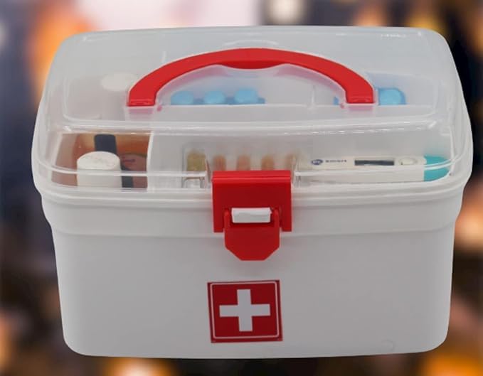 Silver Shark Plastic Medicine Box, First Aid Box, Detachable Tray with Handle, Emergency Indoor Outdoor Medical Utility Cabinet Organizer, Transparent, Portable & Lockable Container, White
