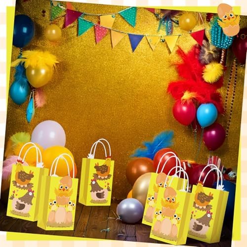 Trnayi 16 Pcs Gold Glitter Chicken Party Favor Bags Kraft Farm Animal Themed Goodie Bags with Handles Double-sided Printing Treat Bag for Birthday Easter Farm Animal Party Decorations