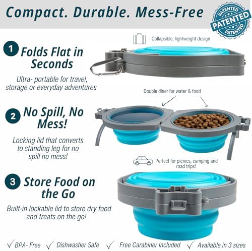 Loving Pets Bella Roma Double Diner Collapsible Dog Bowls - Silicone Dog Bowls, Foldable Bowl, Puppy Essentials & Hiking Pet Supplies Great for Home & Travel (Blue, Medium)