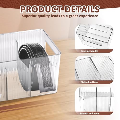 2 Pieces Clear PET Belt Organizer with Removable Dividers, 4 Compartments Adjustable Belt Drawer Organizer, Multi-Purpose Stackable Tie Storage Box for Purse, Underwear, Sock and Closet