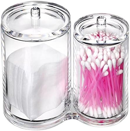 Hipiwe Clear Acrylic Cotton Swab and Ball Holder 2 Slots Q-tip Container | Round Cotton Pad Q-tip Organizer Case for Make Up Brush Clear Apothecary Jar