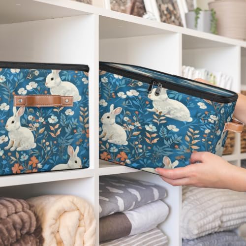 Rabbit Easter Storage Box with Zipper Lid | Collapsible, Fabric, Storage Bin, Handle, Large, Closet Organizer, Containers, Bedroom, Home, Spring Bunny Flowers