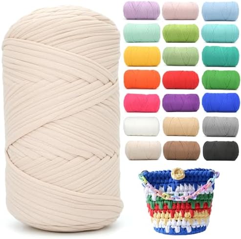 400g Tshirt Yarn for Crochet,Beige T Shirt Soft Elastic Fabric Chunky Thick T-Shirt Crochet Yarn for Crocheting Knitting Beginner Hand Knitting for Bag/DIY Craft/Home Decor-Beige