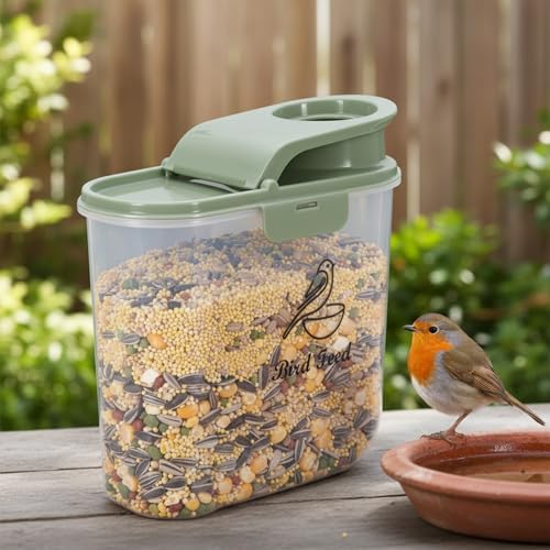Bird Seed Storage Container, 2L/2.1Qt, Airtight, Flip Lid & Pour Spout | Bird Food Container with Scale for Sunflower Seeds, Portable Travel Kibble Storage Dispenser for Small Animal,Green