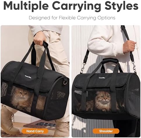 FUKUMARU Cat Carrier Soft, Ultra Lightweight Airline Approved Dog Carrier | Kitten Carrier with Anti-Scratch Mesh, Breathable Small Dog Carrier Bag, Collapsible Pet Carrier for Cats Under 15 lb, Black