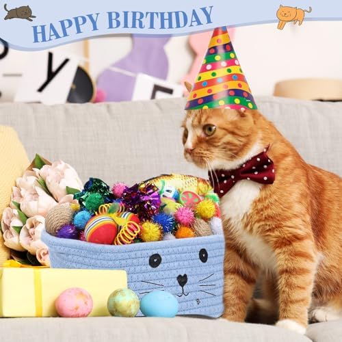 Zopeal 58 Pcs Summer Cat Storage Basket Gift Toys Set, Colorful Flashing Balls Pet Bell Crinkle Balls Spring Toys Attract Cat to Swat, Hunt, Interactive for Pet(Light Blue,9.8 Inch)