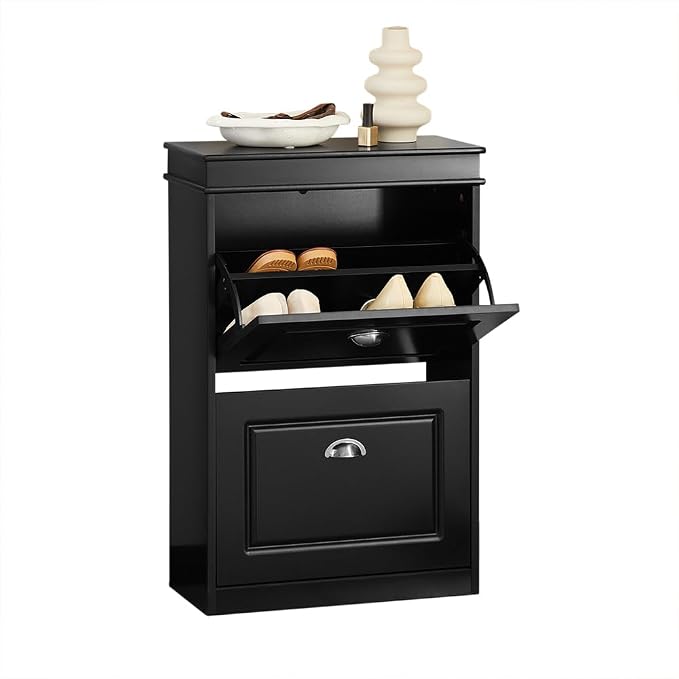 Haotian Small Shoe Cabinet | Two Flip Drawers Freestanding Shoe Rack, Shoe Storage Cupboard Organizer, FSR78-SCH