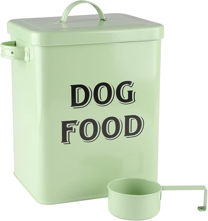 Morezi Metal Dog Food Storage Container Airtight Pet Food Treat Bin 6 lbs | Vintage Durable Canister Dog Treats Tin with Lid& Scoop for Kitchen Countertop, Shelf, Great Gift for Pet Owners(Green)