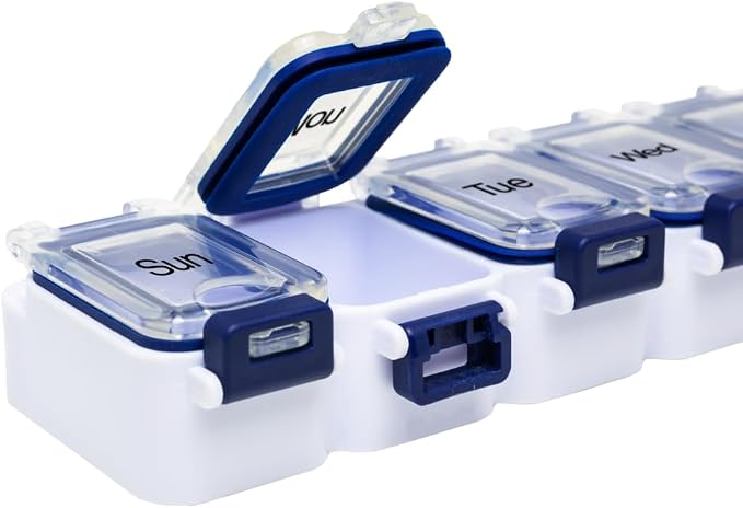 Ezy Dose Weekly (7-Day) Pill Organizer, Large Medicine Planner, Blue | Daily Vitamin & Supplement Case, Waterproof Locking Compartments to Secure Prescription Medication, Travel-Friendly, BPA-Free