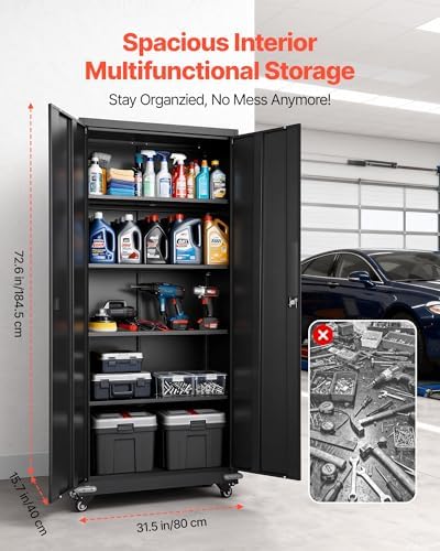 VEVOR Metal Storage Cabinet, 72.6 in Rolling Steel Garage Cabinet with 4 Adjustable Shelves, 2 Magnetic Doors & 2 Keys, 5 Tiers Lockable Tool Storage for Pantry, Warehouse, Basement, Office, Black