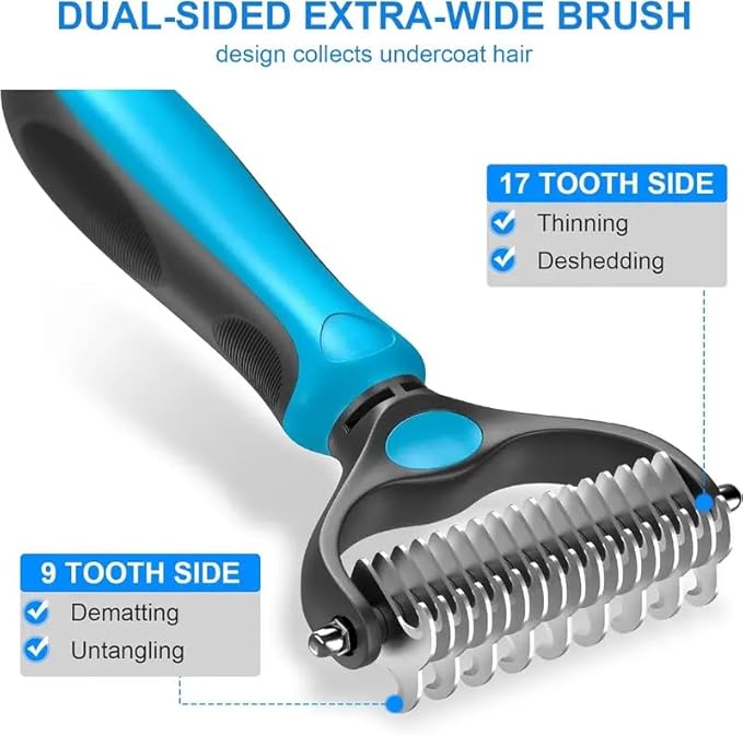 Pet Grooming Brush, Double Sided Shedding and Dematting Undercoat Rake Comb for Dogs and Cats