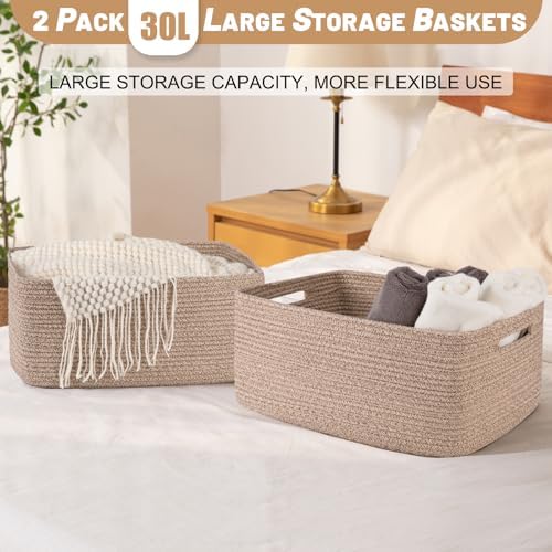 OIASKET Large Storage Basket for Organizing, Woven Rope Basket for Shelves, Closet Organizer Bins for Clothes, Blanket, Toys, Baby Nursery Storage, 17.7" x 13" x 7.87", 2 Packs Brown