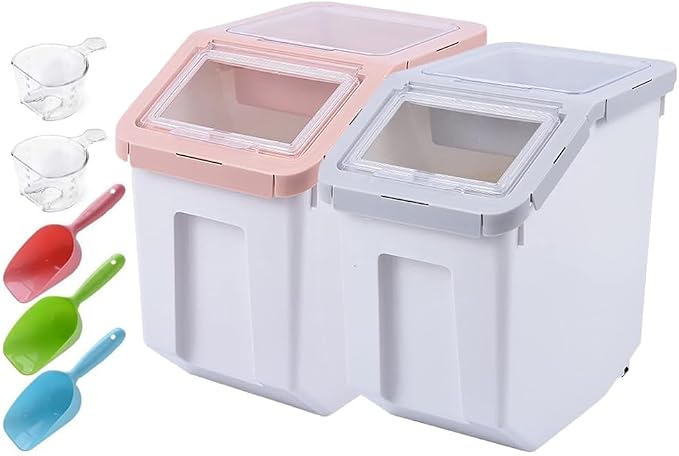 RUIAN Dog Food Storage Container Airtight Dry Cat Food BinGrey & Pink, 2Pcs | with Measuring Cup and Handle, Holds About 10-20 lb Depending on Kibble Size, BPA Free Pet Food Storage Container