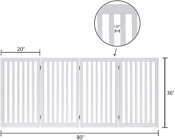 unipaws 36”H Free Standing Pet Gate for Dog, Tall Wooden Dog Gate, 80” Wide | Foldable Pet Fence for Doorway, Stairs, Step, Expandable Doggy Barrier, Room Divider, Indoor Use, White