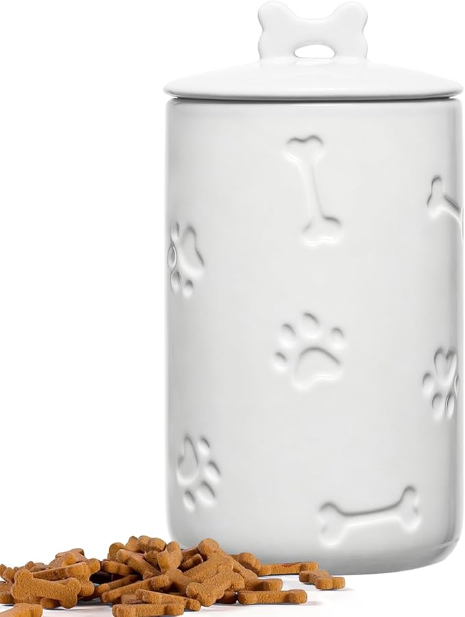 Dog Treat Container Airtight - 9"x5" Ceramic Big Treats Jar with Lid(White) | Large Capacity Doggie Cookie Jar for Countertop, Airtight Lid Keep Food Fresh, Sturdy Durable, Cute Prints and Bone Handle