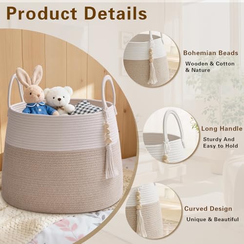 Large Nursery Hamper, 30L Blanket Basket with Handle, Baby Laundry Basket for Gift, Toy, Clothes, Woven Storage Basket with Wooden Bead Decor, Baby Hamper for Nursery (Black&Brown)