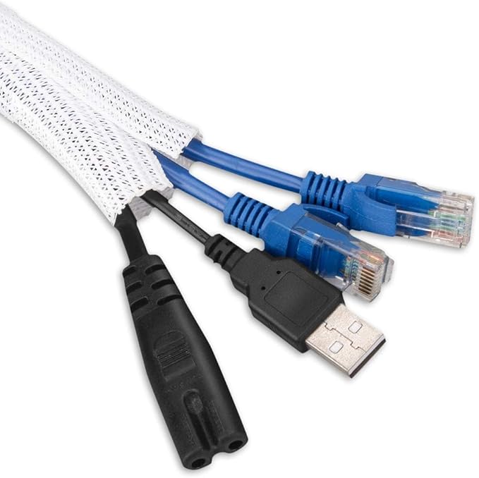 AGPTEK Cable Sleeve, 6.6ft - 2/3 inch Cable Management Cord Hider, White | Desk Cord Cover Organizer Wire Hider for Office Computer TV Wire Loom Tubing Pet-Proof Cord Protector from Cat Dog Chewing