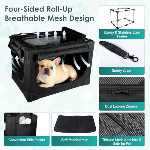 24 Inch Collapsible Soft Dog Crate for Small Dogs, Travel Dog Crate Black | Portable Dog Crate Soft Sided, 4-sided Mesh Vents, Foldable with Storage Bag, Fit Small Dogs & Large Cats, Indoor/Outdoor