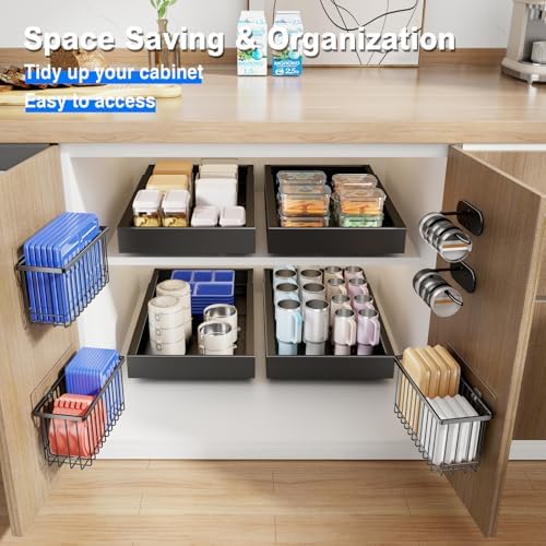 Mustorn 4 Pack Adhesive Cabinet Door Organizer, Lid Organizers Inside Cabinet Food Container/Tumbler Lid Organizer and Storage Cup Lids Holder for Kitchen & Bathroom Wall Mounted(Black)