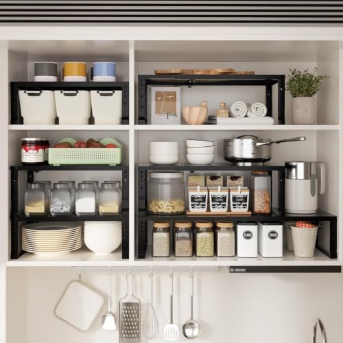 Expandable Spice Rack & Kitchen Cabinet Organizer - Stackable, Adjustable Shelves for Cabinets, Countertops, Cupboards & Pantries(3 Packs/Large/Black)