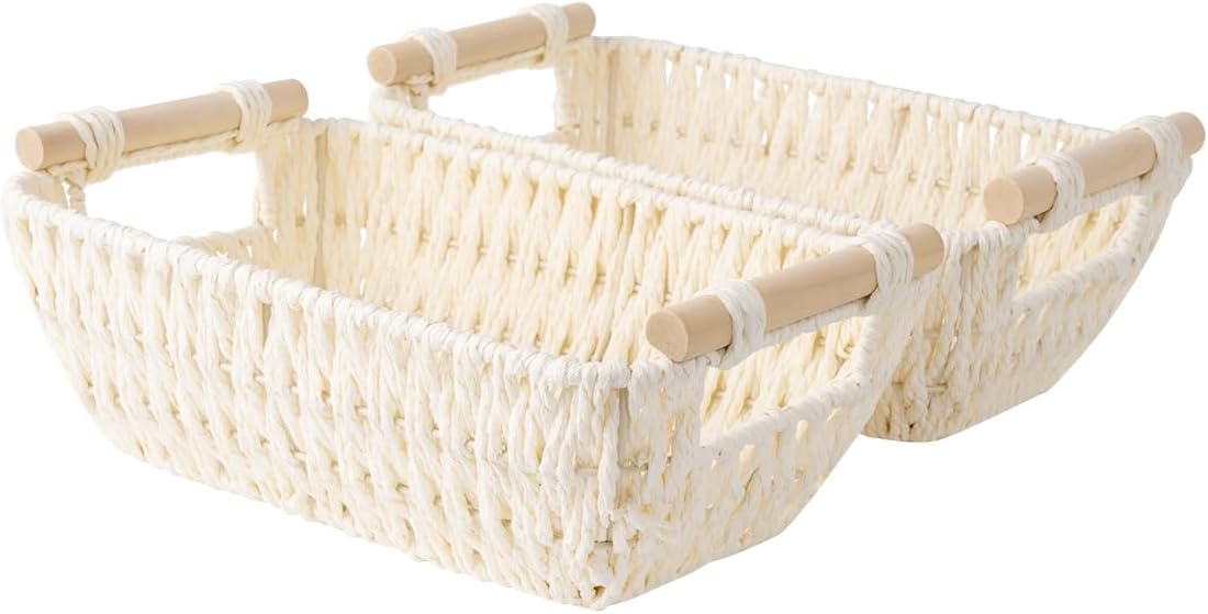 StorageWorks Small Storage Basket, Woven Basket for Shelves, Beige | Wicker Storage Baskets for Shelves, Baskets with Wooden Handles, 2-Pack Gifts Basket for Home Decor, Hand-Woven Basket