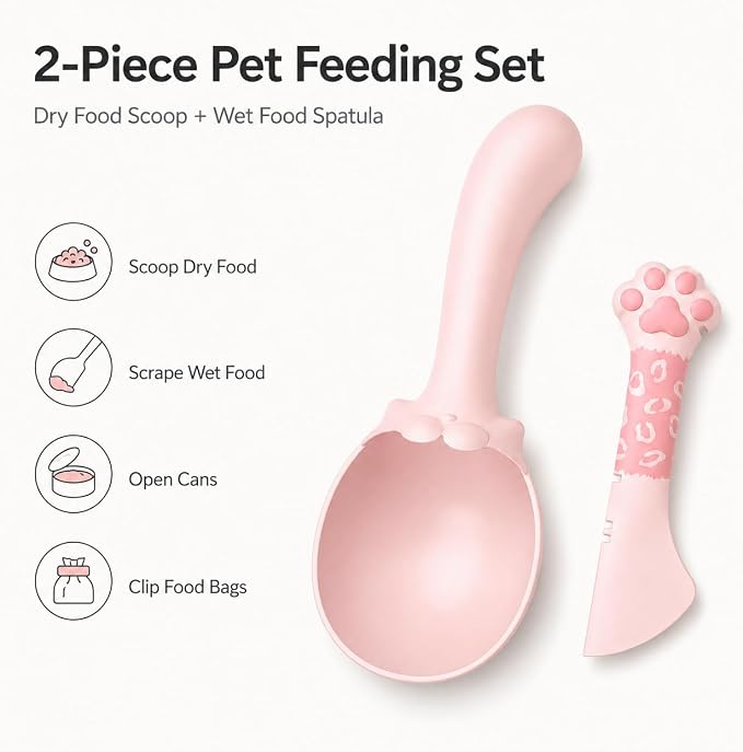 Meow&Woof Cat Food Scoop and Wet Food Spatula Set, 2-Piece Pet Food Measuring Scoop with Bag Clip, Approx. 1 Cup Dry Food Scooper & Silicone Can Spoon for Dogs and Cats, Pink