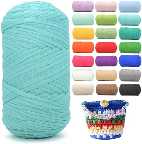 400g Tshirt Yarn for Crochet,Blue T Shirt Soft Elastic Fabric Chunky Thick T-Shirt Crochet Yarn for Crocheting Knitting Beginner Hand Knitting for Bag/DIY Craft/Home Decor-Aqua Blue
