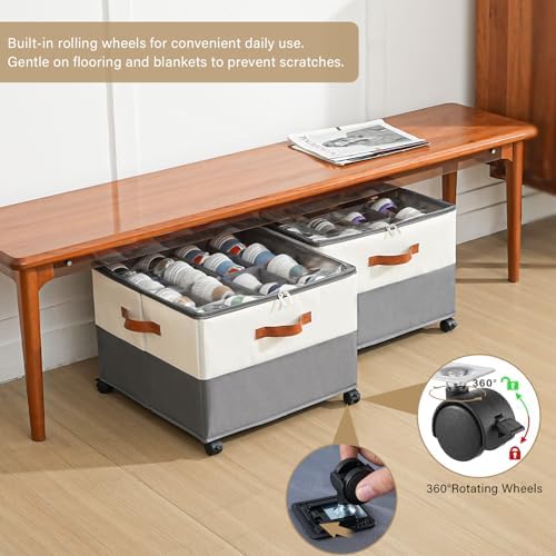 INSTY 2 Pack Shoe Organizer for Closet, Fits up to 32 Pairs, Adjustable Dividers for Shoe Storage, Fabric Shoe Storage Bins with Clear Cover, Beige and Grey