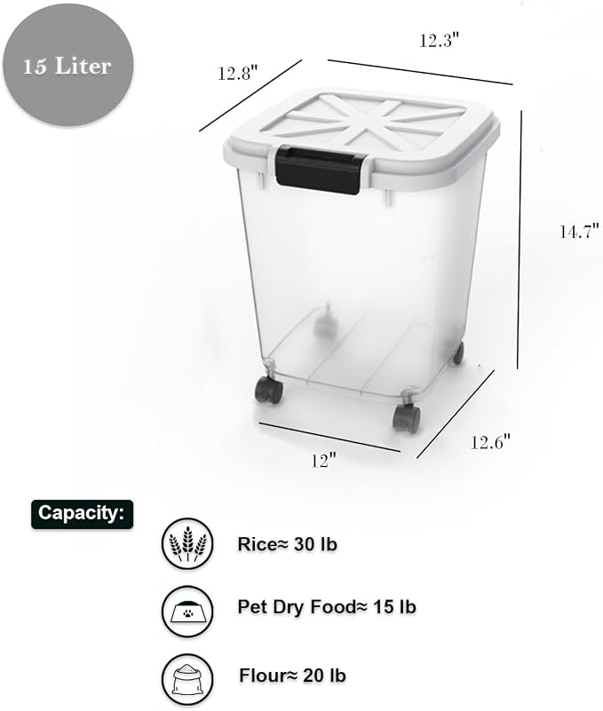 HANAMYA 30 LB Rice Storage Container with Measuring Cup, BPA free, For Rice | Grain | Pet Food | Flour, 1 count, Clear & Black