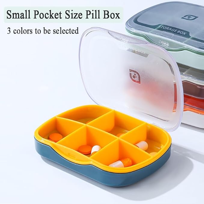 Weekly Pill Case Organizer, Small Travel Pill Box Planner 6 Tray | Cute Pocket Purse Daily Medicine Dispenser Reminder for Vitamin, Supplement, Fish Oil, Capsules, Tablet, Meds Storage Sorter