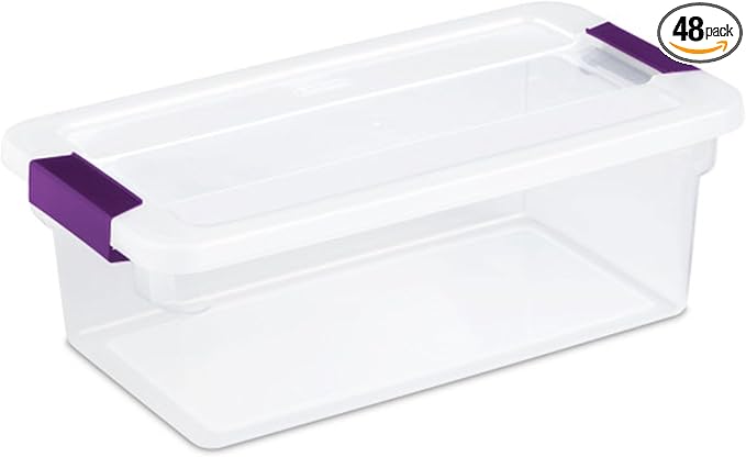 Sterilite 48-Pack ClearView Latch Box, Stackable Storage Organizer Bins for Home, 6 Quart | Clear Plastic Organizers with Color Accent Latches for Closet, Bedroom, Shelving Units, Dorm Room and Home Organization