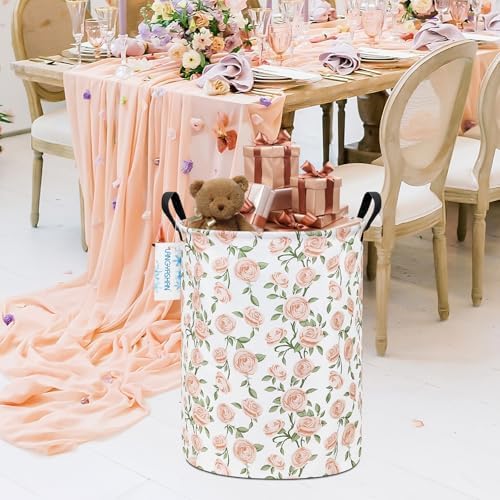 Round Laundry Basket Collapsible Storage Hamper Organizer Champagne Rose | Waterproof Canvas Foldable Baskets with sturdy Handles Multi-scene Organizer for Home Play Bedroom Gift Bin