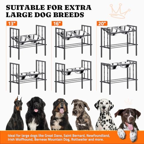 Pawtners Elevated Dog Bowl for Large Breed, Adjustable Feeder with Mat