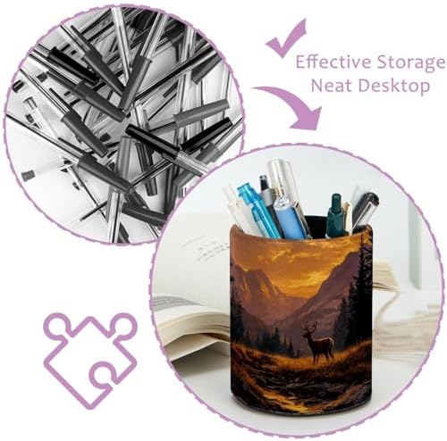 Faux Leather Pen Holder for Desk, Pencil Organizer Sunset and Deer Pen Cup Desk Decor Makeup Brush Holder Storage for Office Home