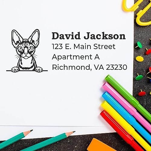 Peeking Devon Rex Cat Self-Inking Address Stamp - Custom Stamp for Mail | Customised Address Stamp for Veterinary Clinics. Built-in refillable pad. Cat Address Stamp for Devon Rex Cat Owners.