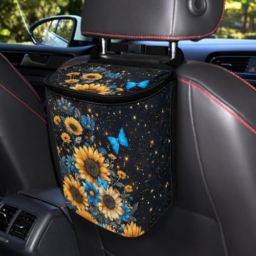Blue Butterfly Sunflower Print Car Trash Can - Foldable, Automotive Garbage Bin with Leak Proof Hanging Bag