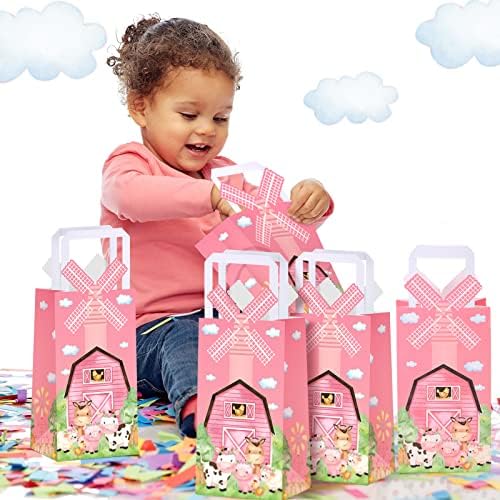 16 Pcs Pink Farm Animal Party Favor Bags Kraft Paper Goodie Bags with Handle 3D Pinwheel Double-sided Printing Treat Bag for Birthday Gender Reveal Barnyard Farm Themed Party Supplies