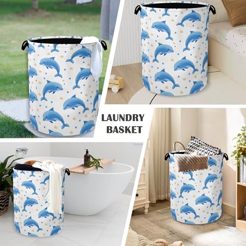 Cute Dolphins Laundry Basket,Stars Foldable Oxford Cloth Tote Bag Laundry Hamper Clothes Storage Bucket Organizer for Bedroom Laundry Storage Dormitories 16" x 20.8"