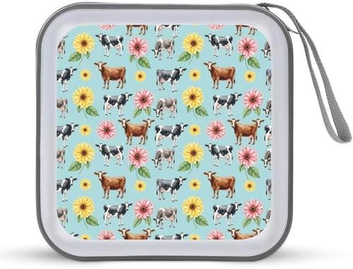 Protective 40-Disc CD/DVD Wallet Cow Flowers Print, Hard Plastic Storage Binder with Handle, Portable Organizer for Car Office Travel