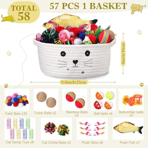 Zopeal 58 Pcs Summer Cat Storage Basket Gift Toys Set, Colorful Flashing Balls Pet Bell Crinkle Balls Spring Toys Attract Cat to Swat, Hunt, Interactive for Pet(White,9.8 Inch)