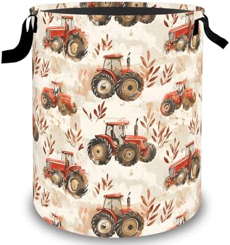 Farm Tractor Laundry Basket Hamper, Organizer Bins Gifts for Women Kids, Rustic Farm Vehicle Foldable Waterproof Clothes Hamper Handles Storage Bucket for Bedroom Bathroom Room Decor 19.7"x15.7"