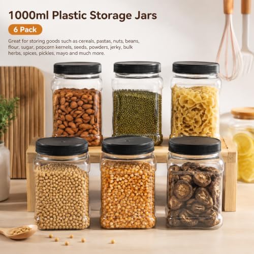 Lawei 6 Pack Clear Plastic Square Jars - 32 Oz Containers with Easy Grip Handles for Dry Goods, Cookies, Candy and More