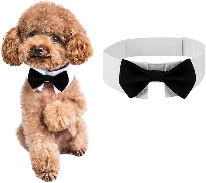 Elegant Dog Bow Tie - Cute Tuxedo Bowtie with Adjustable White Collar for Formal Pets - Perfect for Valentines, Weddings, and Birthdays