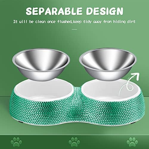 Dog Bowls Water and Food Bowls Stainless Steel with Non-Slip Resin Station and Bling Rhinestones, Pet Feeder Bowls for Puppy Medium Dogs Cats Puppy Pets (Green, Double)