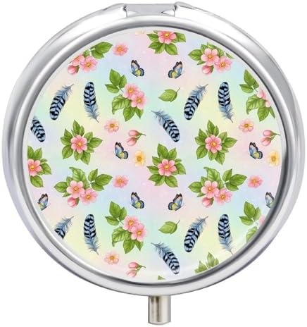 Round Daily Use Pill Box Cherry Branch Pink Blossom Feather Butterflies Floral 3 Compartment, Portable Metal Pill Case for Purse Vitamin Fish Oil