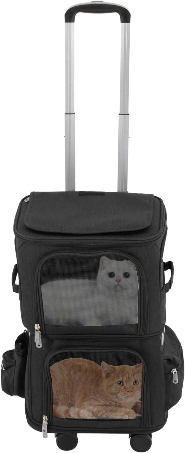 2-Tier Rolling Pet Carrier for Cats & Dogs, Removable Divider, Telescopic Handle, 4 Wheels, Breathable Mesh, Foldable, Large Portable Travel Crate with Side Pockets, 22lbs Capacity,Black